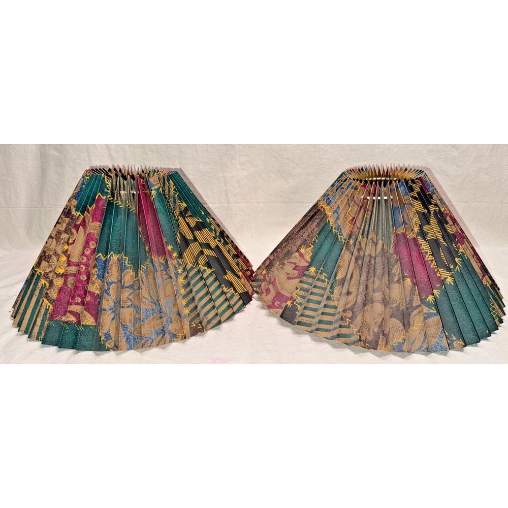 Vintage Pair Pleated Floral Lampshades 15" Flared Fabric Vinyl Backed